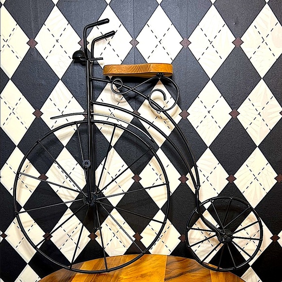 Vintage Black Metal Penny-Farthing Bicycle Decor with Wood Platform - Rustic - Picture 1 of 10
